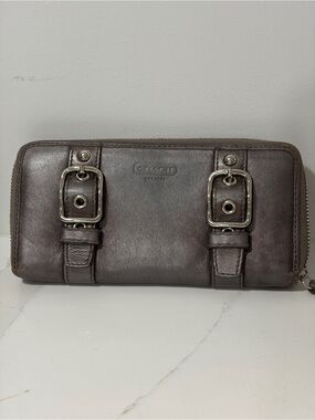Coach Brown Leather Zip Wallet with Buckle Accents
